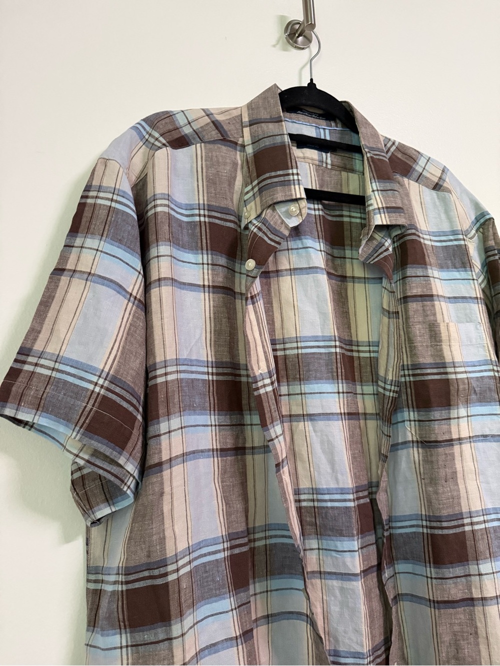 LINCS by David Chu Men's Blue and Brown Plaid Short Sleeve Button Down Shirt XL